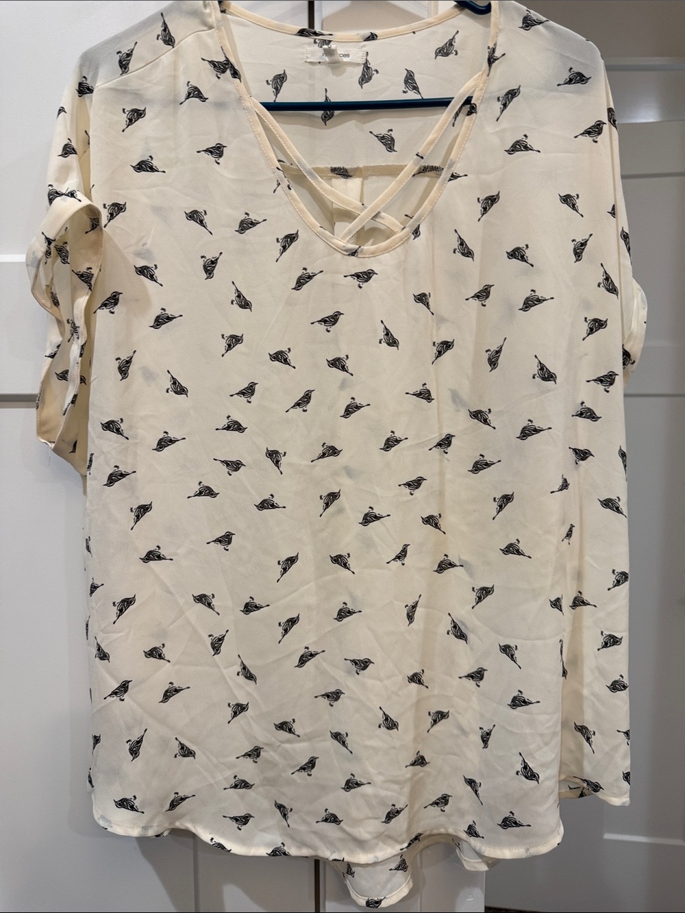 Maurices Cream Bird-Print V-Neck Crisscross Tunic